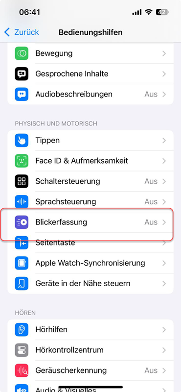 Blickerfassung auf iPhone